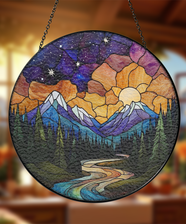 Stunning Mountain Sunset Stained Glass Suncatcher - Handmade Nature Art Decor