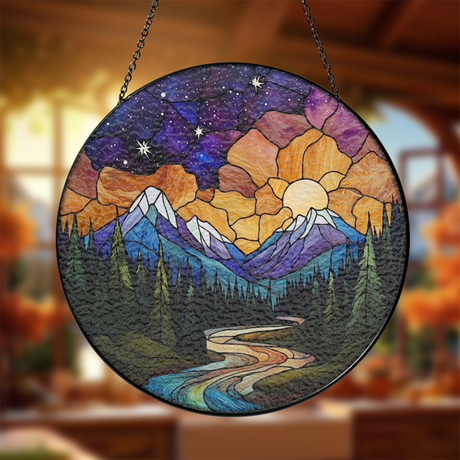 Stunning Mountain Sunset Stained Glass Suncatcher - Handmade Nature Art Decor
