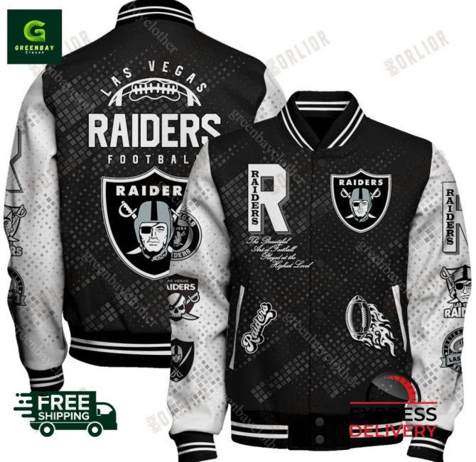 Las Vegas Raiders Varsity Jacket - Stylish Black & White Bomber For Nfl Fans - Free Shipping!