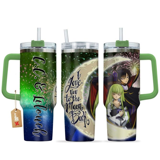 Anime Tumbler With Straw - I Love You To The Moon & Back Design - C.C. & Lelouch Inspired Mug