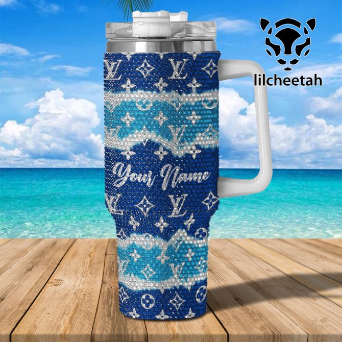 Louis Vuitton Stanley Tumbler Cup Custom Blue Rhinestone Tumbler With Handle - Personalized Name, Stylish & Durable Travel Mug - Image 2