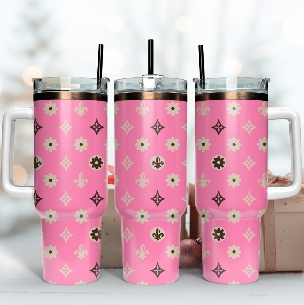 Louis Vuitton Stanley Stylish Pink Floral Travel Mug With Handle - Insulated Stainless Steel Tumbler For Hot & Cold Drinks