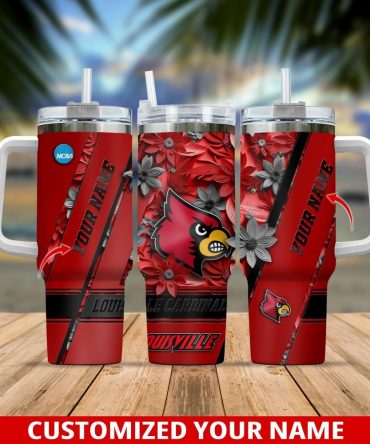 Custom Louisville Cardinals Tumbler With Handle – Personalized Name & Floral Design