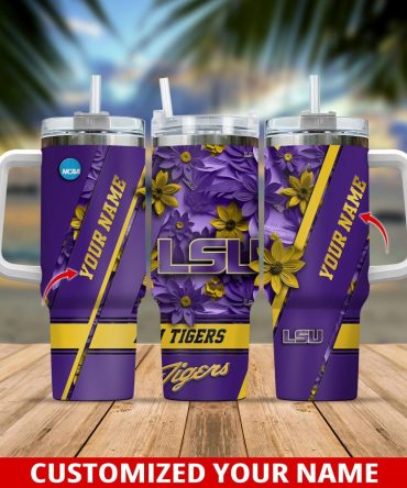 Custom Lsu Tumbler Mug - Personalized Name, Purple & Gold Floral Design, Perfect Gift