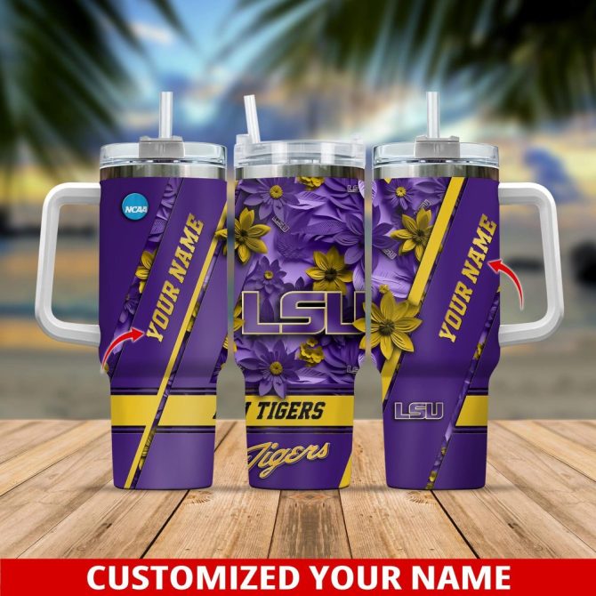 Custom Lsu Tumbler Mug - Personalized Name, Purple & Gold Floral Design, Perfect Gift