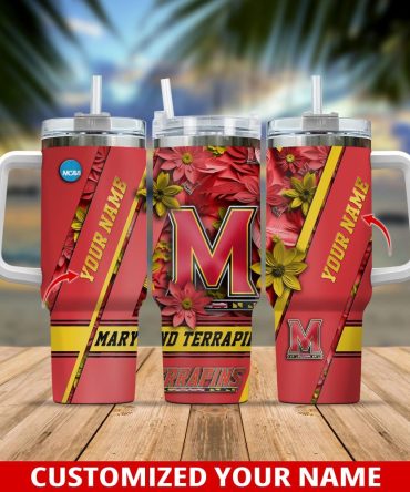 Customize Your Name - Maryland Terrapins Floral Tumbler Mug With Handle, Perfect Gift!