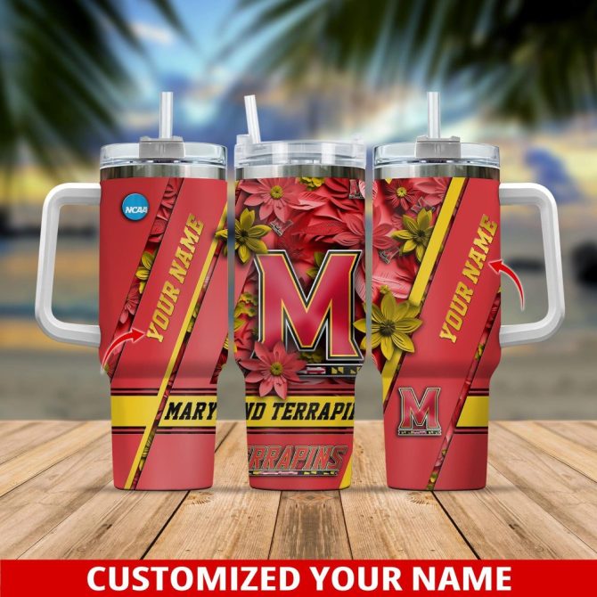 Customize Your Name - Maryland Terrapins Floral Tumbler Mug With Handle, Perfect Gift!