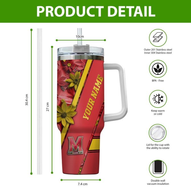 Customize Your Name - Maryland Terrapins Floral Tumbler Mug With Handle, Perfect Gift! - Image 2