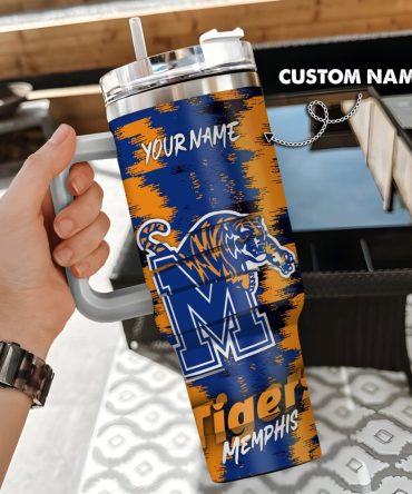 Custom Name Memphis Tigers Tumbler - Personalized 20Oz Travel Cup With Handle & Straw