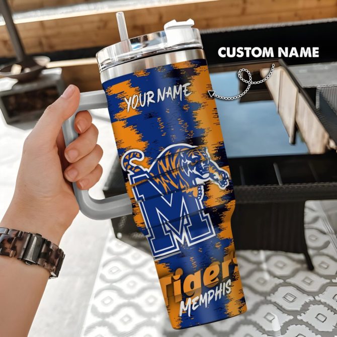 Custom Name Memphis Tigers Tumbler - Personalized 20Oz Travel Cup With Handle & Straw