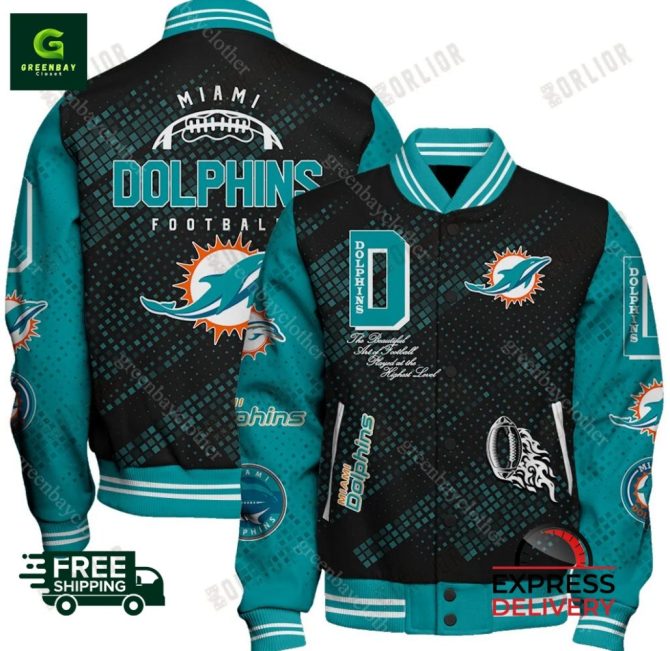 Miami Dolphins Varsity Jacket  Stylish Football Fan Gear  Express Shipping