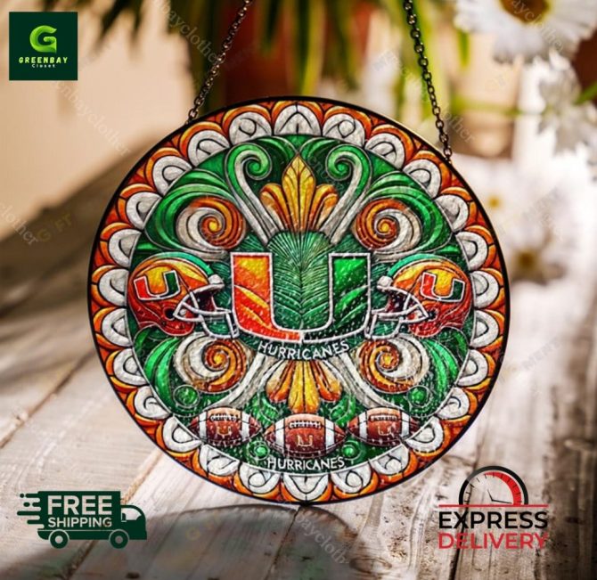 Miami Hurricanes Stained Glass Sun Catcher - Unique Home Decor , Free Shipping & Express Delivery!