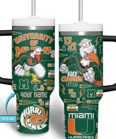 Custom Miami Hurricanes Tumbler With Handle - Personalized University Of Miami Fan Gift