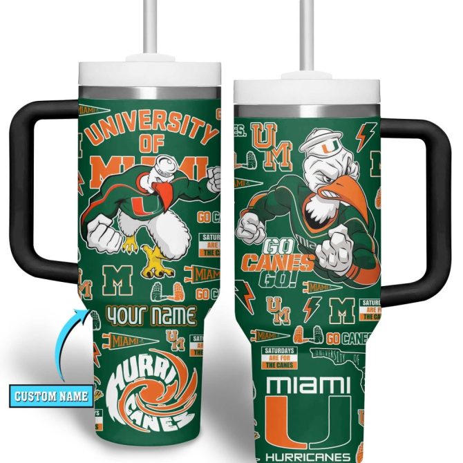 Custom Miami Hurricanes Tumbler With Handle - Personalized University Of Miami Fan Gift