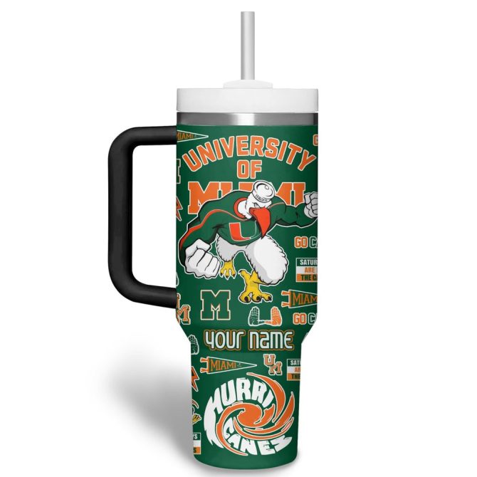 Custom Miami Hurricanes Tumbler With Handle - Personalized University Of Miami Fan Gift - Image 2