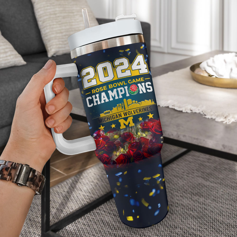 2024 Rose Bowl Champions Mug - Michigan Wolverines Collectible Tumbler With Lid & Straw - Image 2