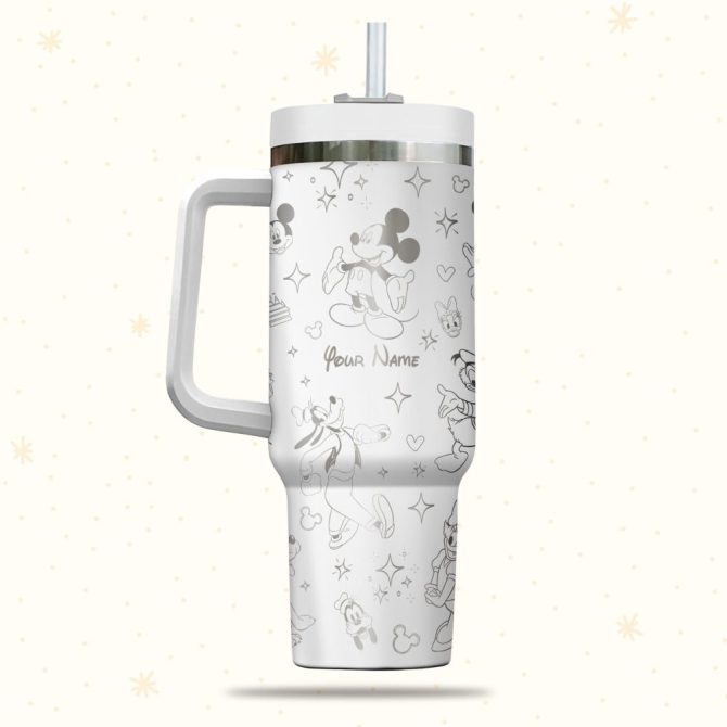 Custom Name Disney Character Tumbler With Handle - Personalized Travel Mug Gift