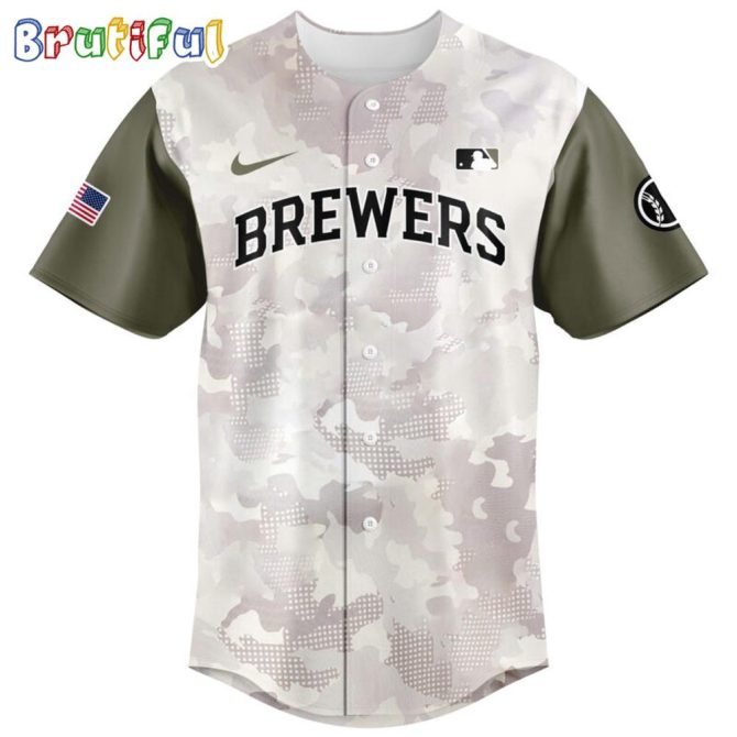 Brewers Camo Baseball Jersey - Stylish Military Edition With Usa Flag Patch - Perfect For Fans!