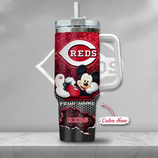 Custom Cincinnati Reds Tumbler With Handle & Straw - Mickey Mouse Design - Personalized Gift - Image 2