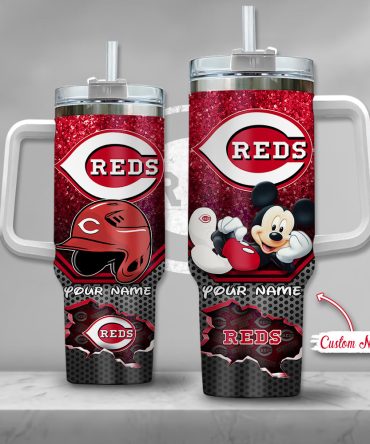 Custom Cincinnati Reds Tumbler With Handle & Straw - Mickey Mouse Design - Personalized Gift