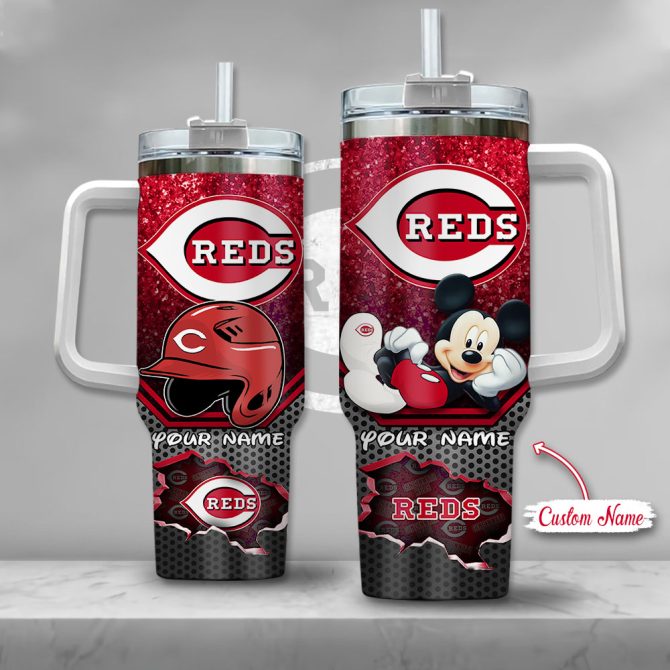 Custom Cincinnati Reds Tumbler With Handle & Straw - Mickey Mouse Design - Personalized Gift
