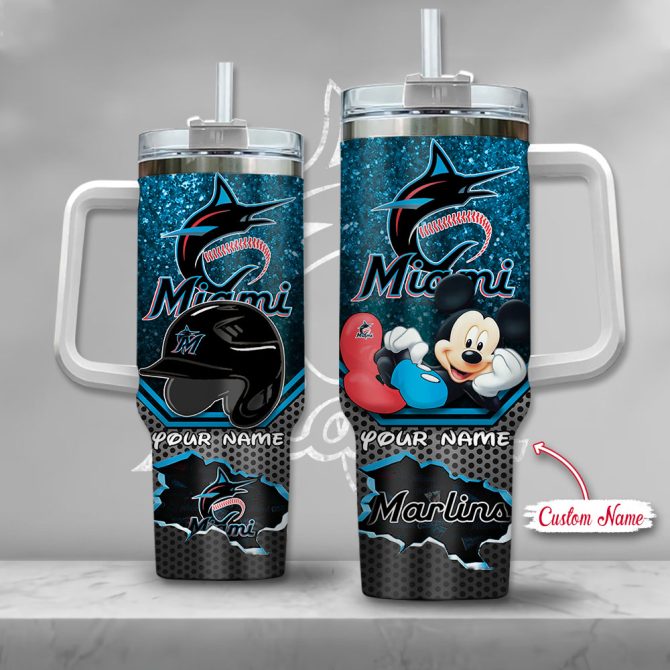 Custom Miami Marlins Tumbler With Mickey Mouse Design - Personalized Name Gift
