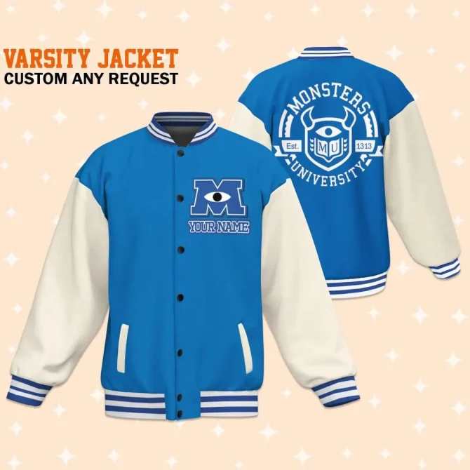 Custom Monsters University Varsity Jacket - Personalized College Style, Blue & White