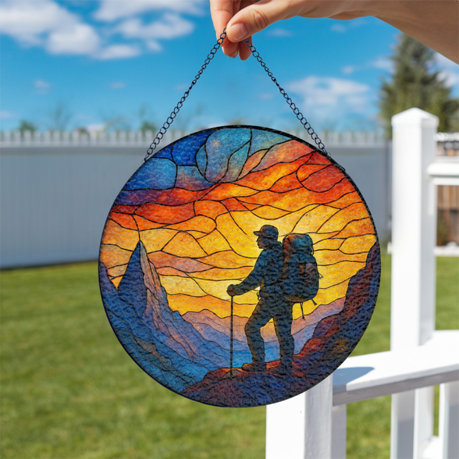 Vibrant Stained Glass Hiking Wall Art - Sunset Mountain Adventure Decor - Image 2