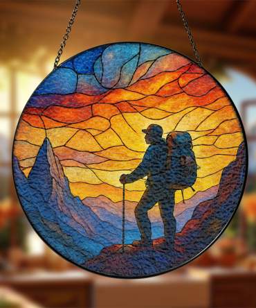 Vibrant Stained Glass Hiking Wall Art - Sunset Mountain Adventure Decor
