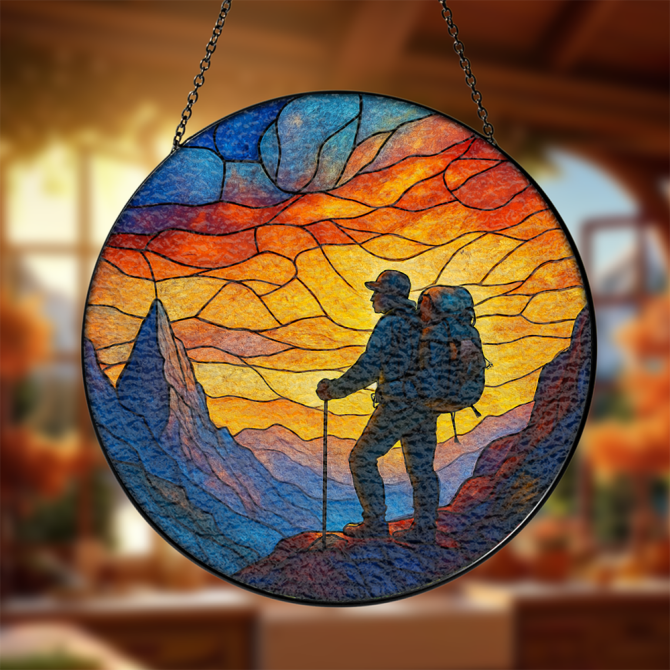 Vibrant Stained Glass Hiking Wall Art - Sunset Mountain Adventure Decor