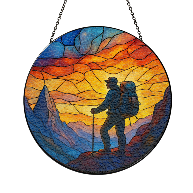 Vibrant Stained Glass Hiking Wall Art - Sunset Mountain Adventure Decor - Image 3