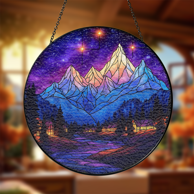 Stunning Stained Glass Mountain Scene - Vibrant Decor For Home Or Office