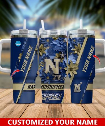 Custom Navy Floral Tumbler With Your Name - Personalized Travel Mug Gift