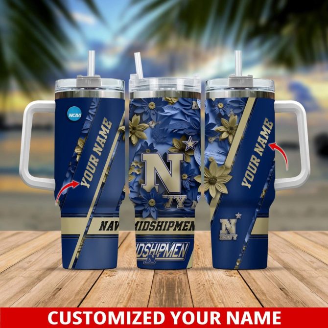 Custom Navy Floral Tumbler With Your Name - Personalized Travel Mug Gift