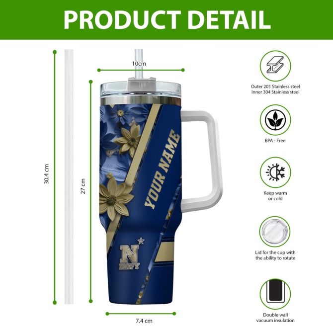 Custom Navy Floral Tumbler With Your Name - Personalized Travel Mug Gift - Image 2