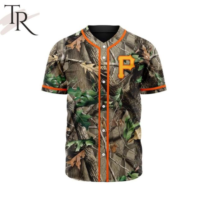 Camouflage Baseball Jersey With Orange Trim - Perfect For Outdoor Enthusiasts & Sports Fans
