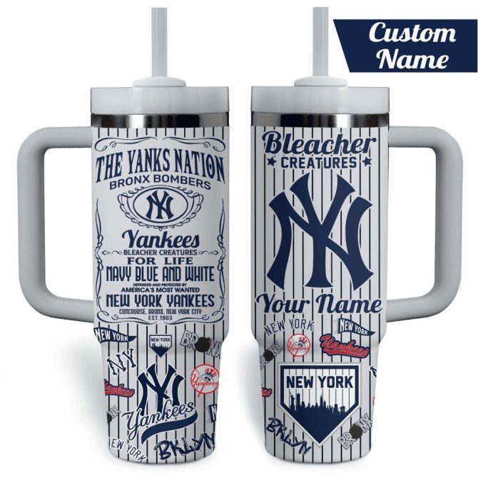 Customizable New York Yankees Tumbler With Straw & Handle - Personalized Fan Gift