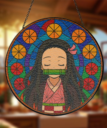 Nezuko Demond Slayer Anime Stained Glass Hanging Decor - Vibrant Nezuko Art For Home & Gift