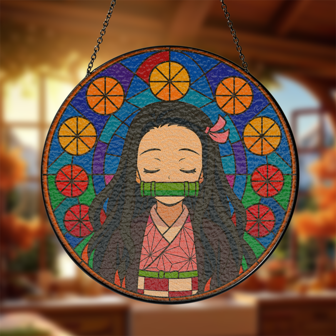 Nezuko Demond Slayer Anime Stained Glass Hanging Decor - Vibrant Nezuko Art For Home & Gift