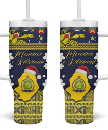 Festive Polynesian Insulated Travel Mug With Straw - Christmas Design, 20Oz Tumbler, Navy Blue & Yellow