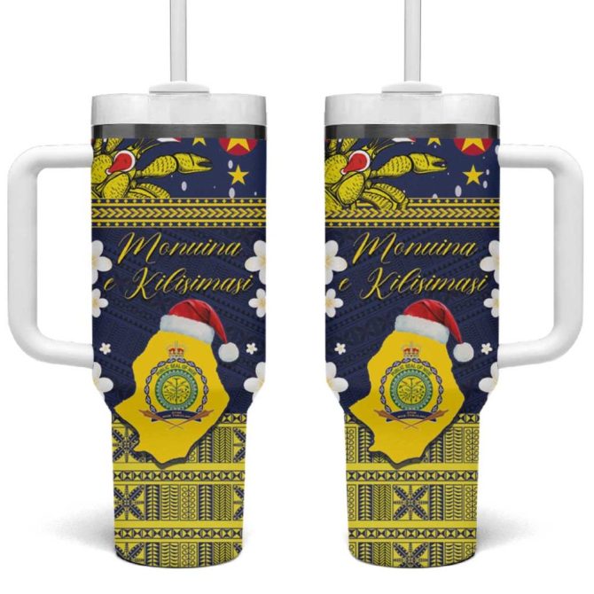 Festive Polynesian Insulated Travel Mug With Straw - Christmas Design, 20Oz Tumbler, Navy Blue & Yellow