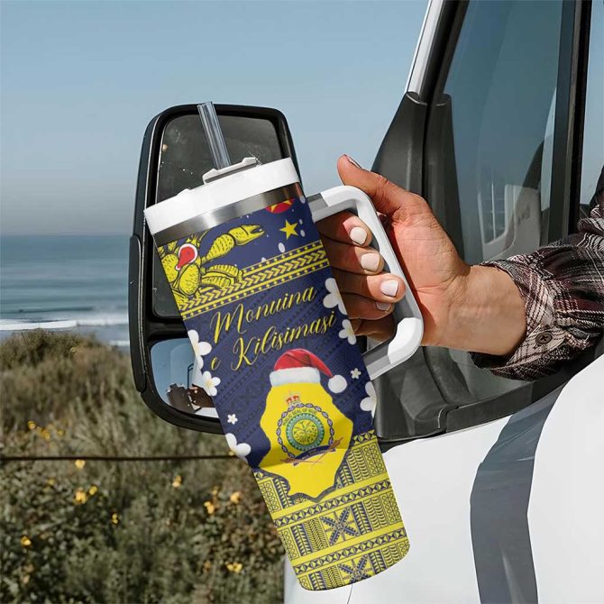Festive Polynesian Insulated Travel Mug With Straw - Christmas Design, 20Oz Tumbler, Navy Blue & Yellow - Image 7