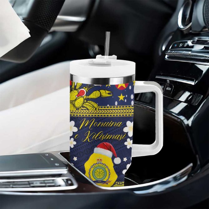 Festive Polynesian Insulated Travel Mug With Straw - Christmas Design, 20Oz Tumbler, Navy Blue & Yellow - Image 8