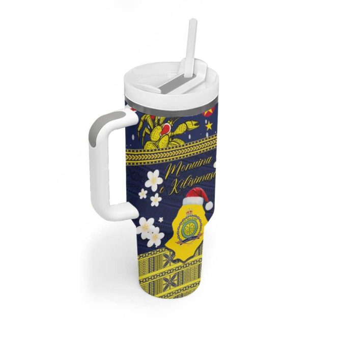 Festive Polynesian Insulated Travel Mug With Straw - Christmas Design, 20Oz Tumbler, Navy Blue & Yellow - Image 2