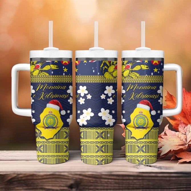 Festive Polynesian Insulated Travel Mug With Straw - Christmas Design, 20Oz Tumbler, Navy Blue & Yellow - Image 4