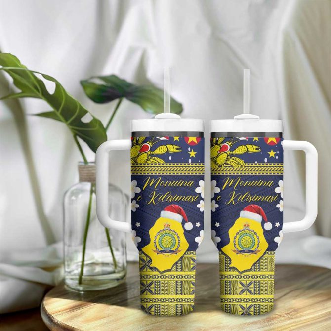 Festive Polynesian Insulated Travel Mug With Straw - Christmas Design, 20Oz Tumbler, Navy Blue & Yellow - Image 9
