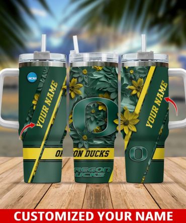 Custom Oregon Ducks Tumbler - Personalized Name, 20Oz Mug With Handle, Floral Design