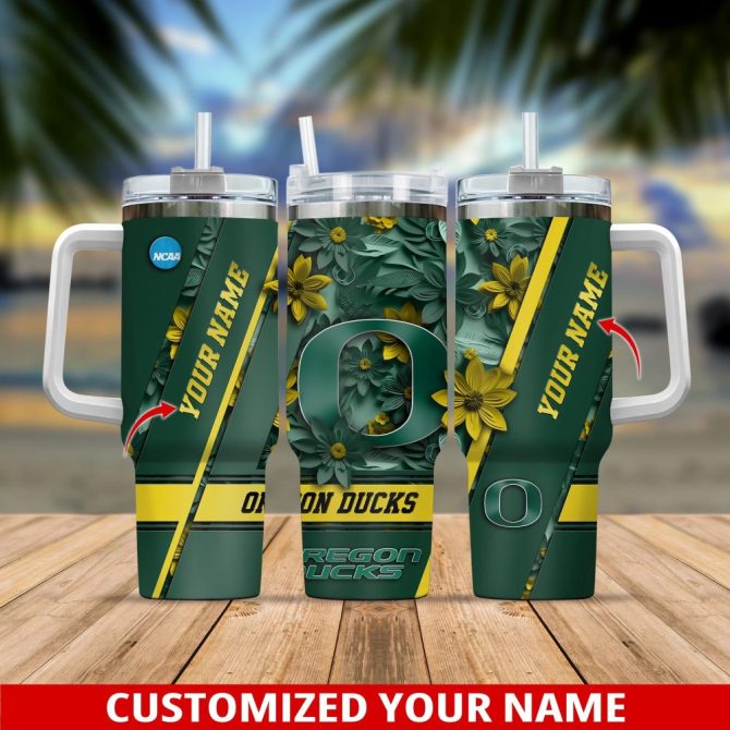 Custom Oregon Ducks Tumbler - Personalized Name, 20Oz Mug With Handle, Floral Design