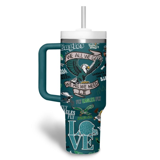 Custom Name Eagles Tumbler - Personalized 40Oz Sports Fan Gift With Handle & Straw - Image 2