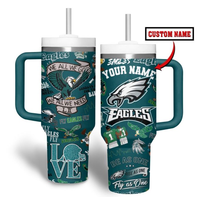Custom Name Eagles Tumbler - Personalized 40Oz Sports Fan Gift With Handle & Straw